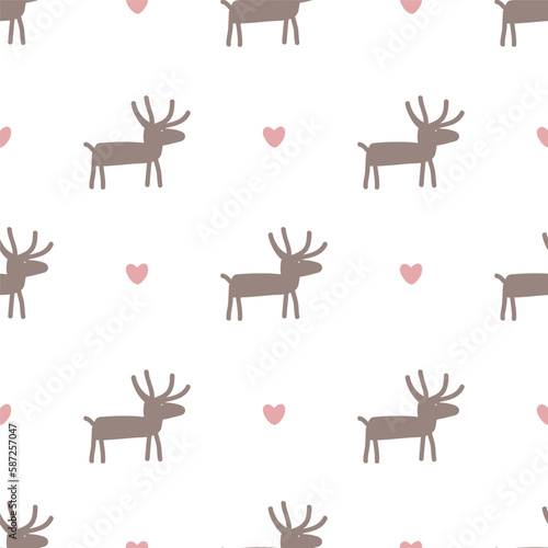 Cute reindeer and hearts seamless pattern. Stylized deer character Christmas background. Vector illustration.