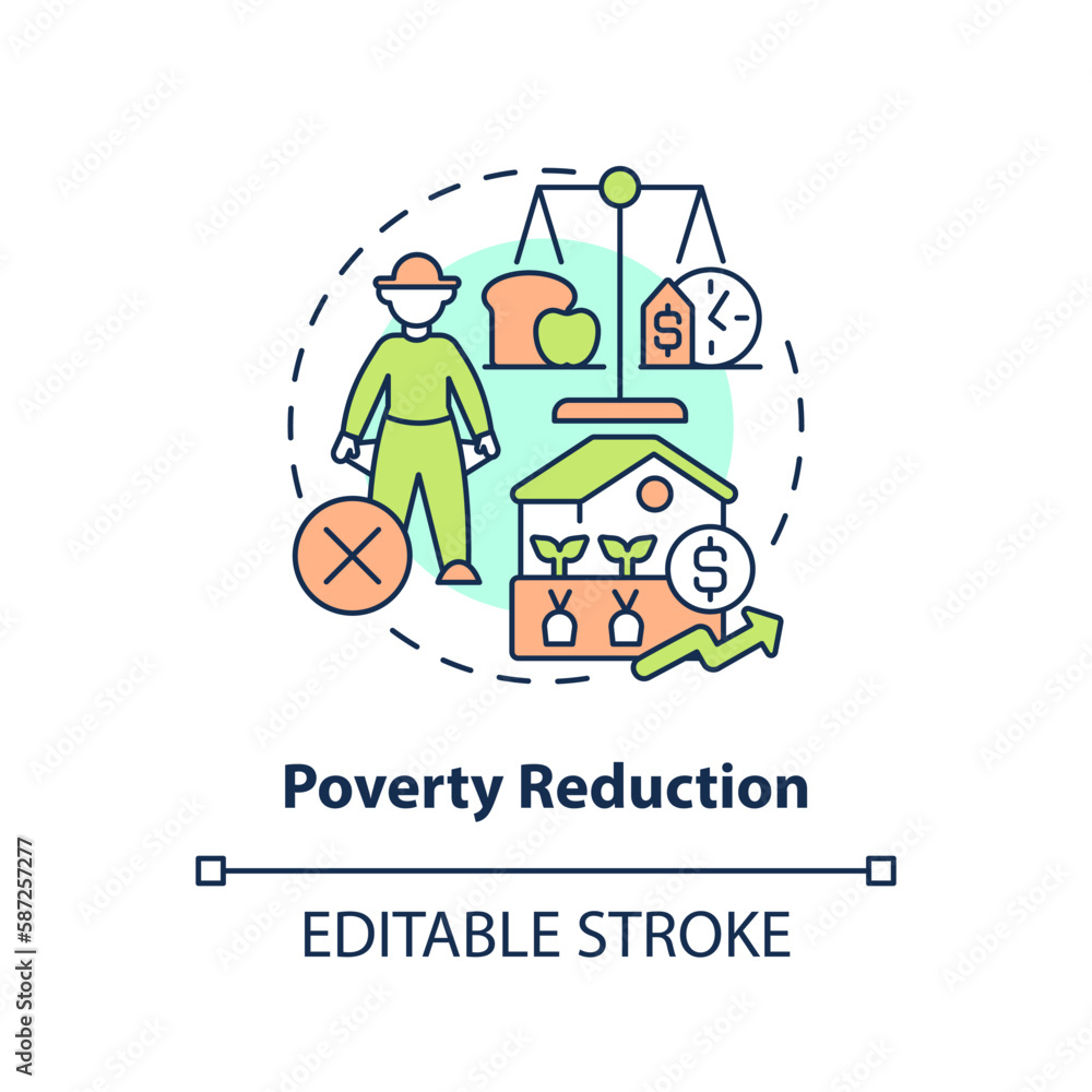Poverty reduction concept icon. Create workplaces. Agriculture policy concern abstract idea thin line illustration. Isolated outline drawing. Editable stroke. Arial, Myriad Pro-Bold fonts used