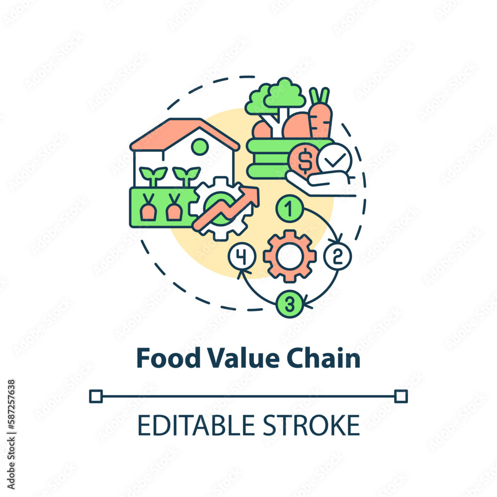 Food value chain concept icon. Improve farmers position. Agriculture policy objective abstract idea thin line illustration. Isolated outline drawing. Editable stroke. Arial, Myriad Pro-Bold fonts used