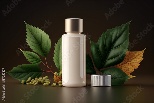 Mockup of cosmetic bottle and green leaves. 3D rendering generative ai