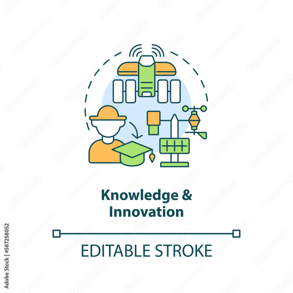 Knowledge and innovation concept icon. Agriculture policy objective abstract idea thin line illustration. Isolated outline drawing. Editable stroke. Arial, Myriad Pro-Bold fonts used