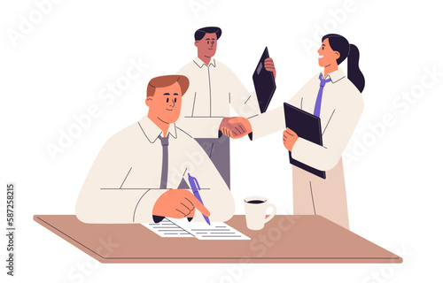 Business deal concept. Partners handshake after negotiation on partnership, agreement, collaboration, cooperation, signing, concluding contract. Flat vector illustration isolated on white background