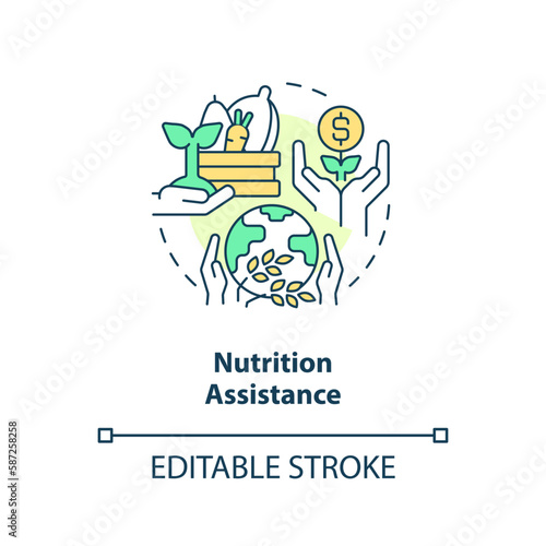 Nutrition assistance concept icon. Fight food insecurity. Agricultural subsidy abstract idea thin line illustration. Isolated outline drawing. Editable stroke. Arial, Myriad Pro-Bold fonts used
