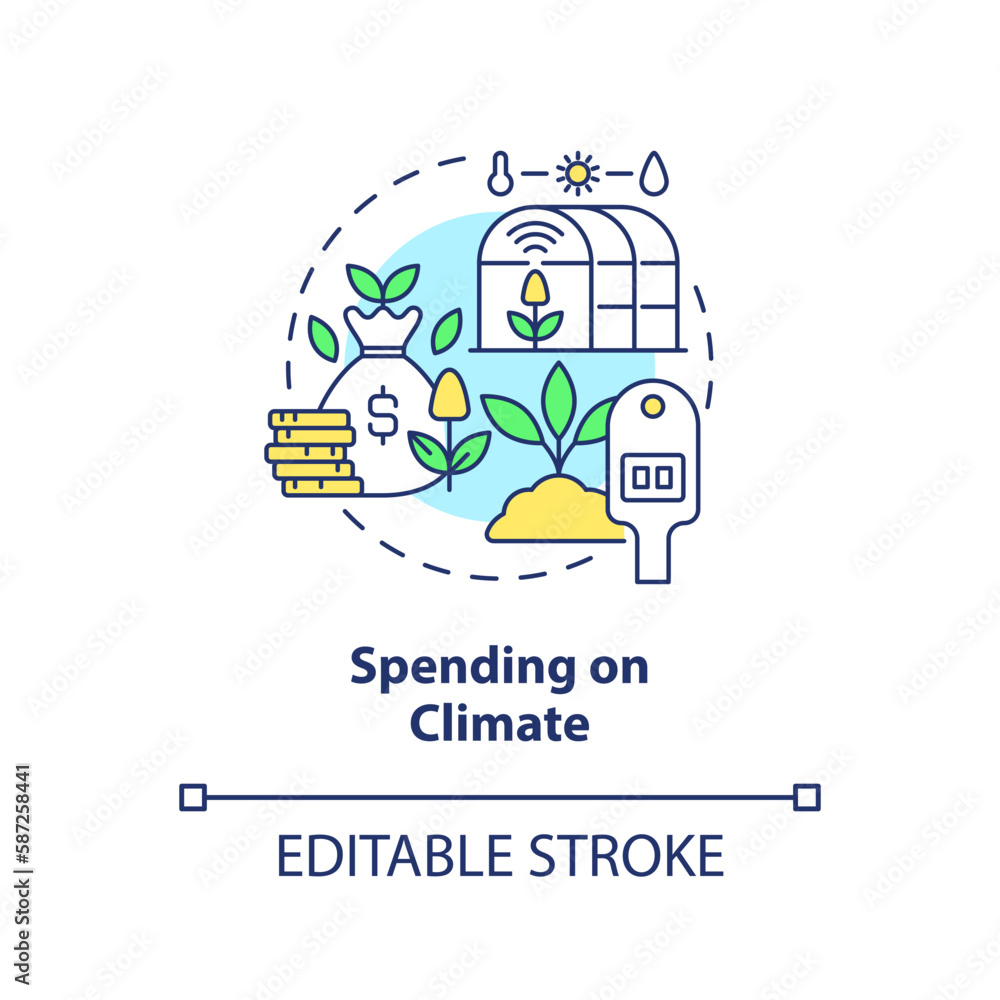 Spending on climate concept icon. Sustainable industry. Rural development program abstract idea thin line illustration. Isolated outline drawing. Editable stroke. Arial, Myriad Pro-Bold fonts used