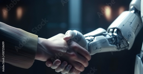 Businessman and robot shake hand pose