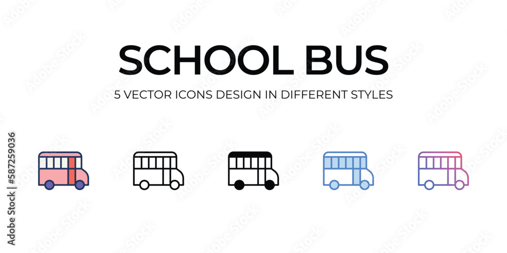 School Bus Icon Design in Five style with Editable Stroke. Line, Solid, Flat Line, Duo Tone Color, and Color Gradient Line. Suitable for Web Page, Mobile App, UI, UX�and�GUI�design. School Bus Icon Design in Five style with Editable Stroke. Line, Solid, Flat Line, Duo Tone Color, and Color Gradient Line. Suitable for Web Page, Mobile App, UI, UX�and�GUI�design.