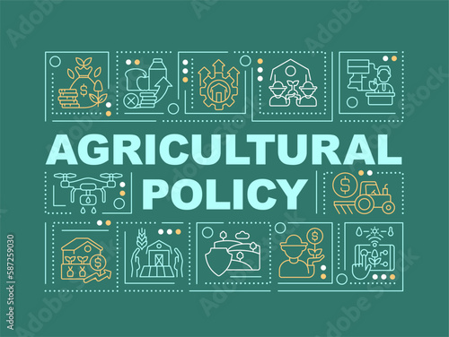 Agricultural policy word concepts dark green banner. Framing business. Infographics with editable icons on color background. Isolated typography. Vector illustration with text. Arial-Black font used