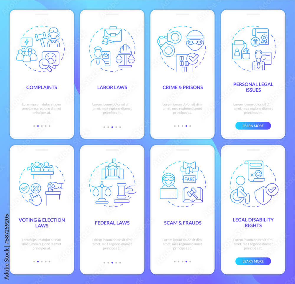 Legal cases blue gradient onboarding mobile app screen set. Laws, regulations walkthrough 4 steps graphic instructions with linear concepts. UI, UX, GUI template. Myriad Pro-Bold, Regular fonts used