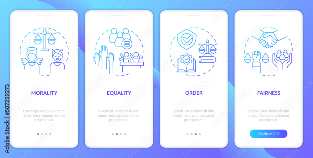 Law and justice ideas blue gradient onboarding mobile app screen. Walkthrough 4 steps graphic instructions with linear concepts. UI, UX, GUI template. Myriad Pro-Bold, Regular fonts used