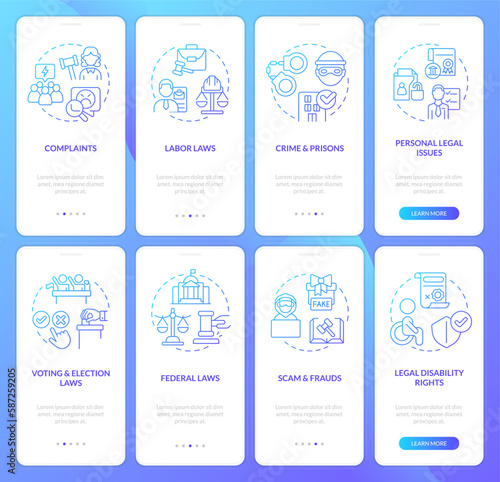 Legal cases blue gradient onboarding mobile app screen set. Laws, regulations walkthrough 4 steps graphic instructions with linear concepts. UI, UX, GUI template. Myriad Pro-Bold, Regular fonts used