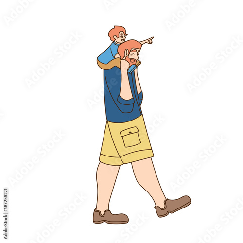 Dad carries his daughter in his arms Cheerful cartoon characters. Vector illustration. Happy Family Sparetime of Kids and Daddy on Maternity Leave