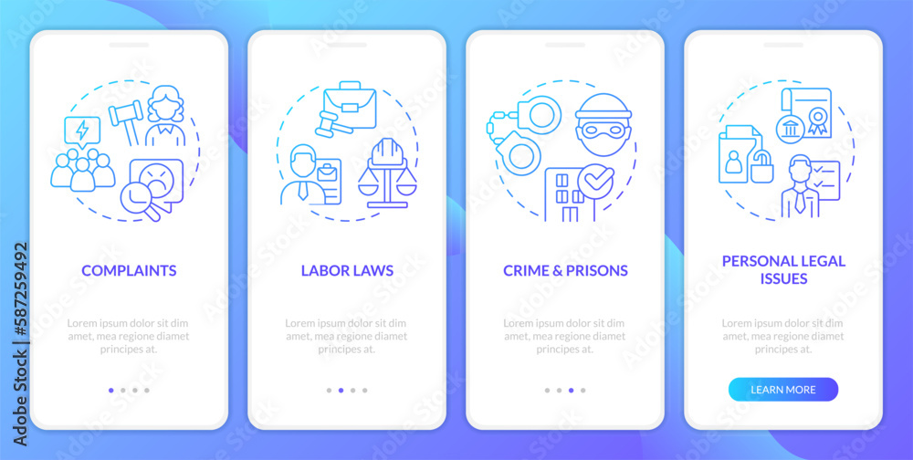 Laws and legal issues blue gradient onboarding mobile app screen. Walkthrough 4 steps graphic instructions with linear concepts. UI, UX, GUI template. Myriad Pro-Bold, Regular fonts used