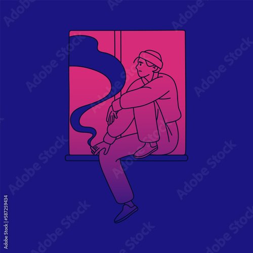 Sad depressed man sitting on window sill, smoking cigarette. Loneliness, sadness, life crisis, psychology concept. Unhappy worried exhausted stressed person on windowsill. Flat vector illustration