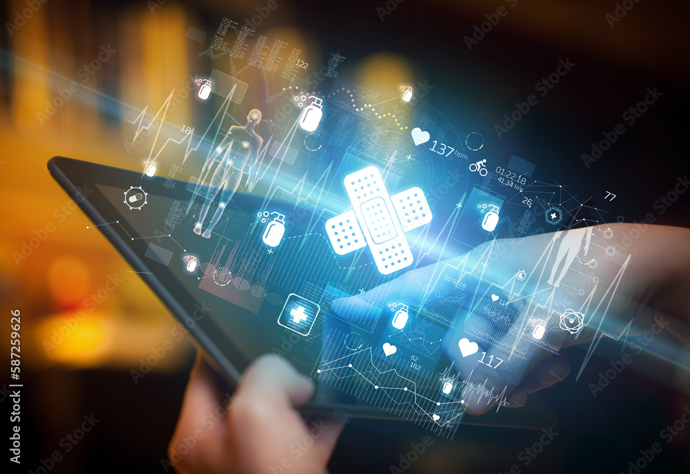 Close-up of a touchscreen with healthcare icons Close-up of a touchscreen with healthcare icons
