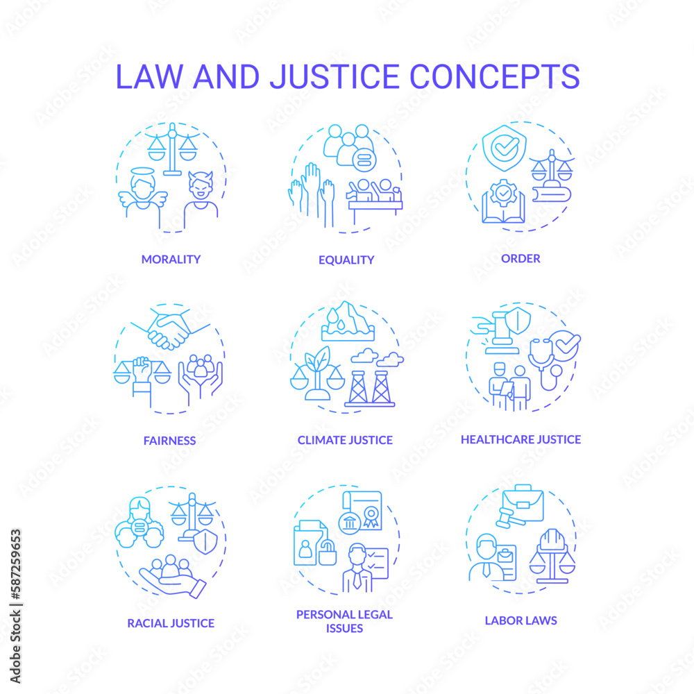 Law and justice blue gradient concept icons set. Equity and fairness. Human rights protection idea thin line color illustrations. Isolated symbols. Roboto-Medium, Myriad Pro-Bold fonts used