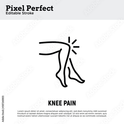 Knee pain, arthritis symptom thin line icon. Joint inflammation. Pixel perfect, editable stroke. Vector illustration.