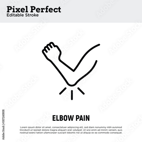 Elbow pain, arthritis symptom thin line icon. Joint inflammation. Pixel perfect, editable stroke. Vector illustration.