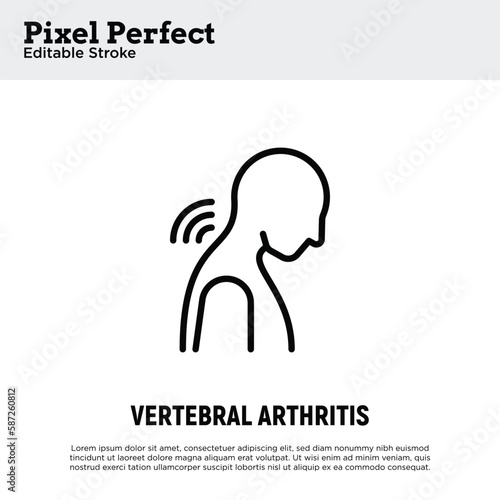 Vertebral arthritis thin line icon. Joint inflammation, neck pain. Pixel perfect, editable stroke. Vector illustration.