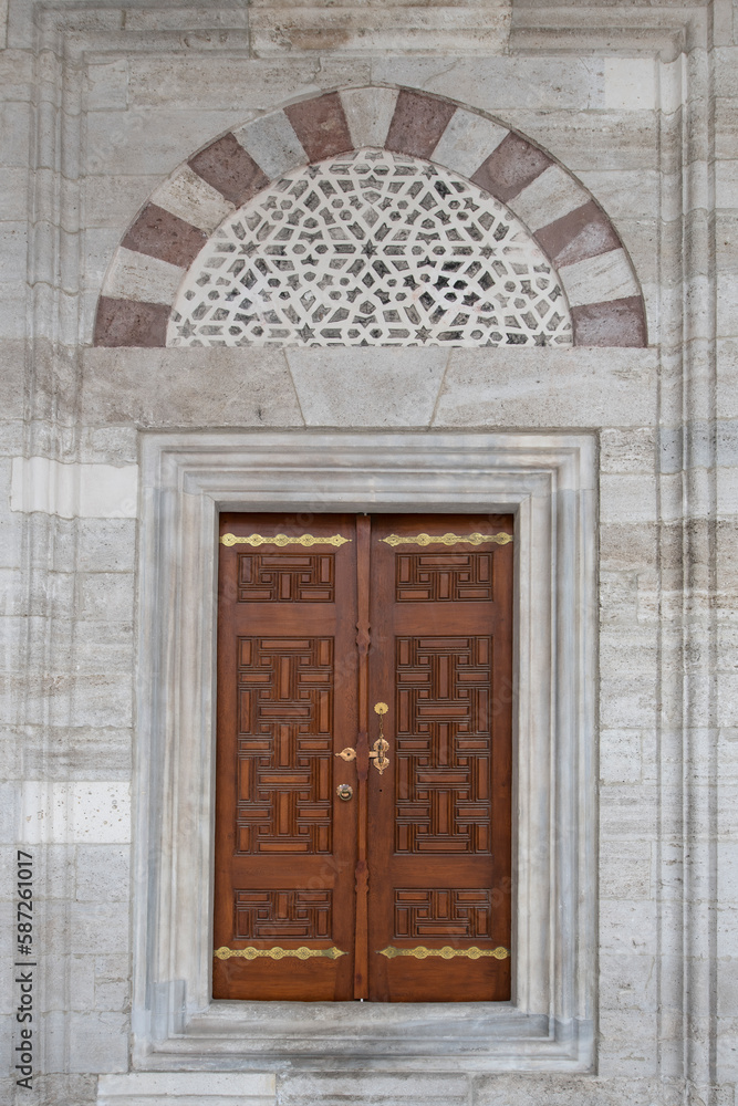 Istanbul Beyazit Mosque. Wooden doors in Beyazit mosque. Wooden carved doors.