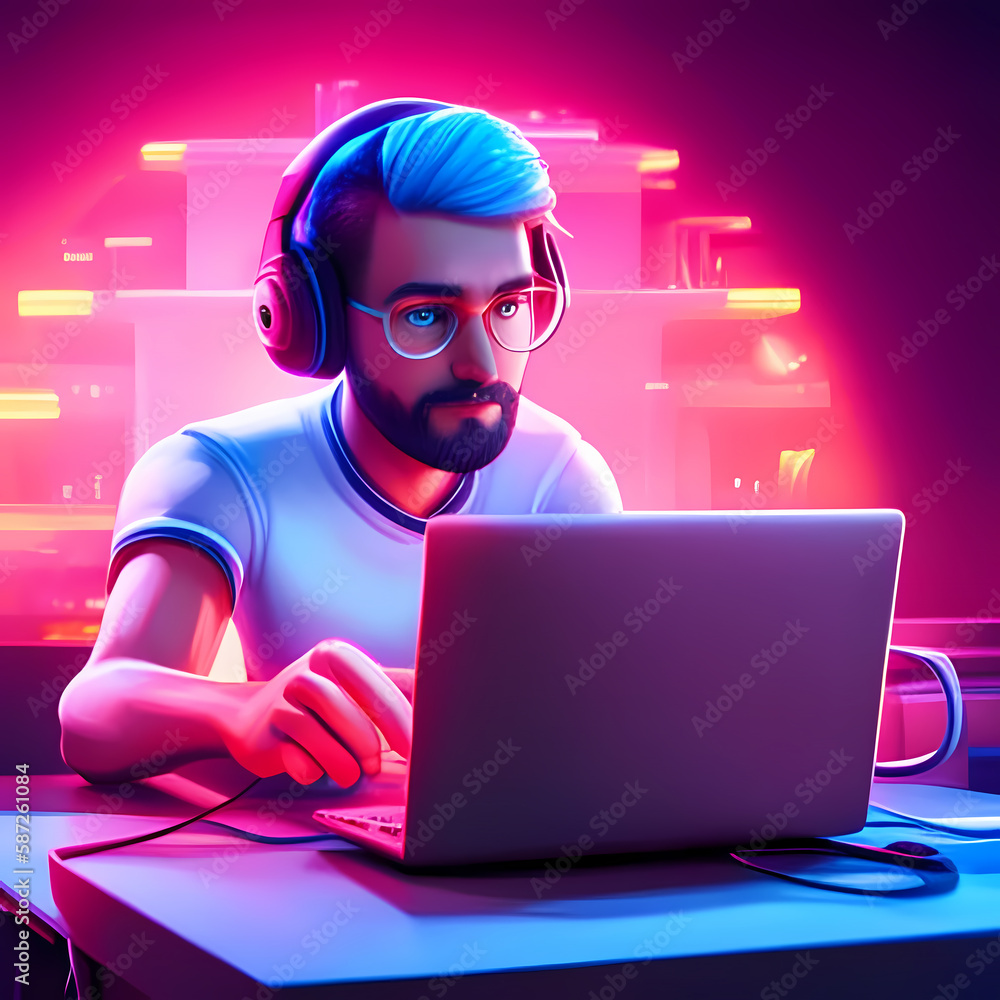Man with laptop, neon pink illustration. Generative AI. Man with laptop, neon pink illustration. Generative AI.