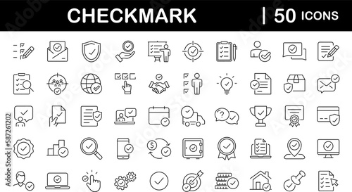 Check mark set of web icons in line style. Approve icons for web and mobile app. Approve, check marks, ticks, inspector, quality check, approved icons and more. Vector illustration
