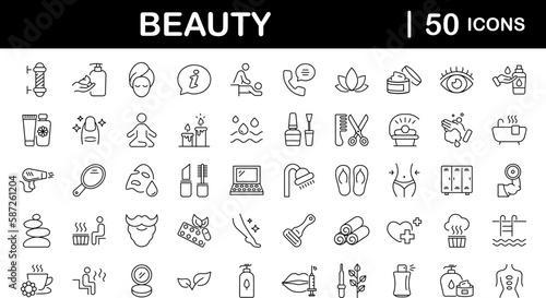 Beauty and Spa set of web icons in line style. Cosmetics services & Spa icons for web and mobile app. Spa treatments, skin care, massage, hyaluronic acid, serum, anti ageing, pore tighten, cosmetology