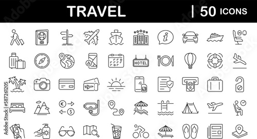 Travel and Tourism set of web icons in line style.Travel and vacation icons for web and mobile app. Airport, tickets, tour, relax, hotel, recreational rest, service. Vector illustration
