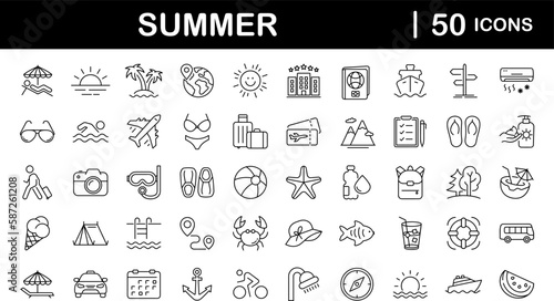 Summer set of web icons in line style. Summer vacation icons for web and mobile app. Travel, beach, tourism, summer holidays, hotel, relax, beach, luggage, passport, sunglasses. Vector illustration