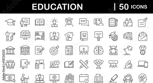 Education set of web icons in line style. Learning icons for web and mobile app. E-learning, video tutorial, knowledge, study, school, university, webinar, online education. Vector illustration