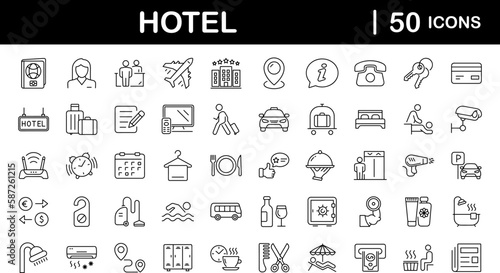 Hotel set of web icons in line style. Hotel and vacation icons for web and mobile app. Hotel services, recreational rest, relax, travel. Vector illustration