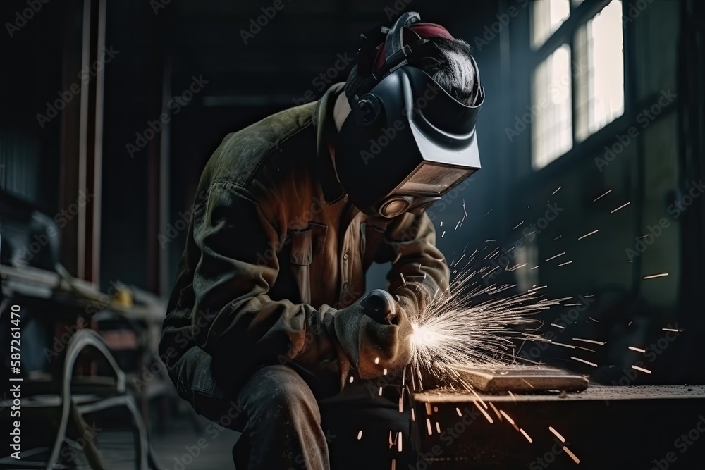 Worker making electric grinding wheel on steel structure in factory Metal processing with an angle grinder sparks in metal