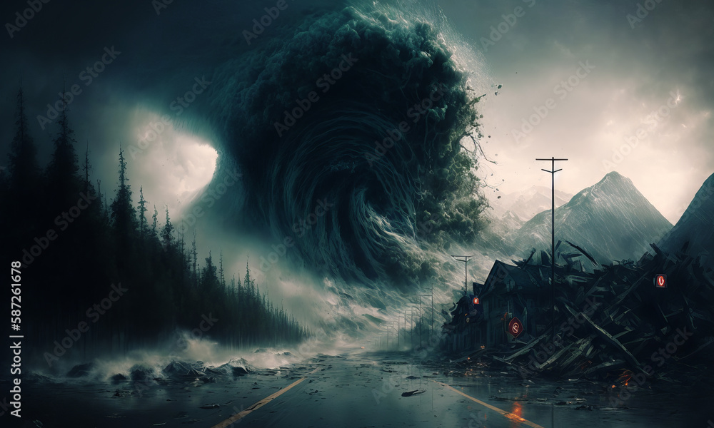 Fototapeta premium Huge tsunami destroying a city. Dramatic scenery with a big wave flooding the lanscape. Natural disaster concept art. Generative ai