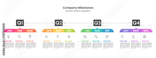 Infographic template for business. 12 Months timeline to success. Presentation, Roadmap, Milestone, Quarters. Vector illustration.