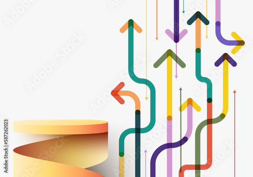 3D realistic empty yellow podium stand swirl spiral ribbon with arrow way diagonal direction colorful overlapping on white background