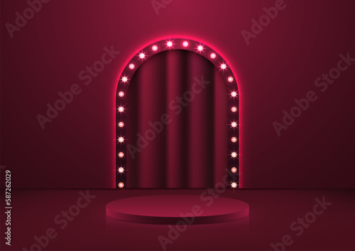 3D realistic red podium pedestal with glowing light bulb circle backdrop on dark background retro style