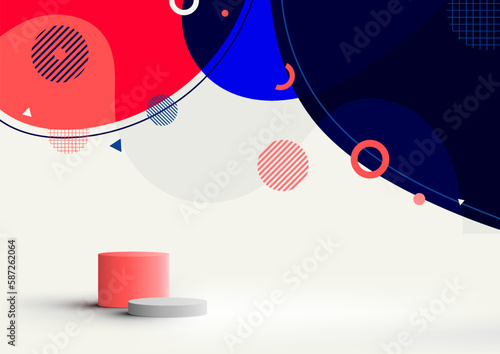 3D realistic empty white and red podium cylinder stand with abstract organic shapes forms pattern with geometric circles, lines elements on white background