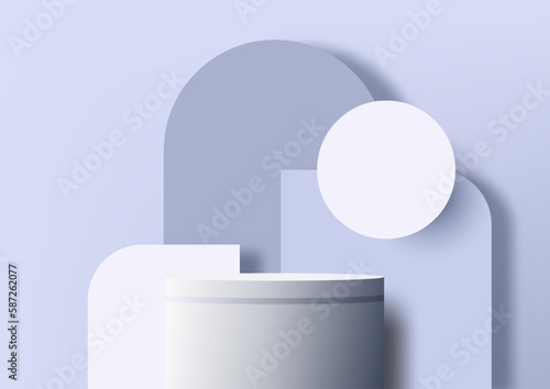 3D realistic blue and white podium shelf with rounded geometric circle backdrop on purple background