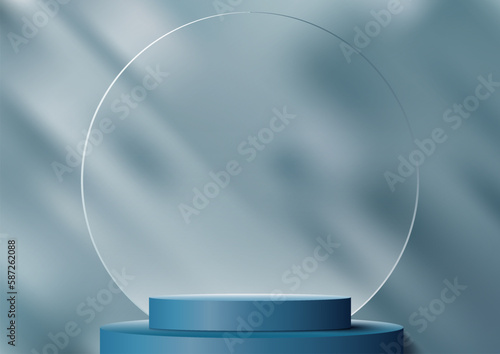 3D realistic modern empty blue cylinder podium stand product display with circle transparent glass backdrop and leaf shadow light blue background