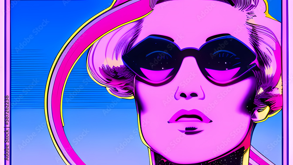 Retro pink neon woman with sunglasses. Neon woman portrait illustration. Generative AI. Retro pink neon woman with sunglasses. Neon woman portrait illustration. Generative AI.