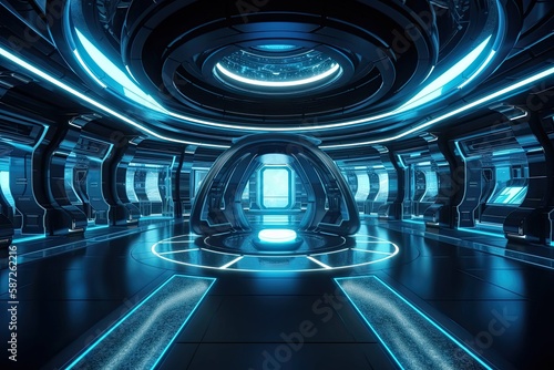 The interior of a futuristic teleport station is blue. Generative AI