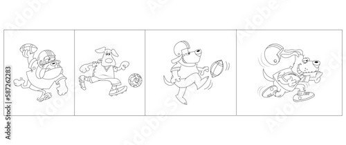 Dog playing football Cartoon illustration. Funny and cute Puppy and soccer ball coloring page for kids. Cartoon illustration Vector flat style