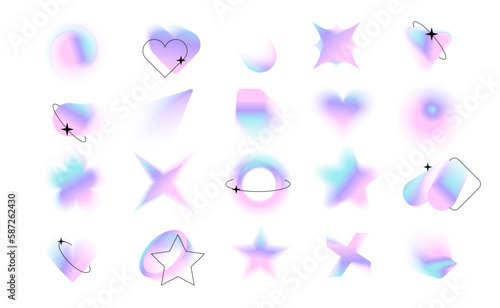 Blurred gradient holographic shapes set with black linear forms and sparkles.Big blurry aura aesthetic elements collection in y2k style. Modern minimalist design element with blur effect. eps10 vector
