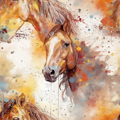 horse in the rain, watercolor pattern.  Ai Generated