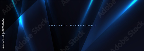 Black wide abstract horizontal technology banner with blue neon lines. Vector illustration