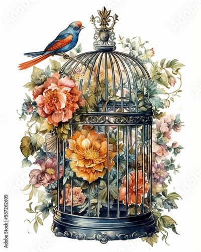 bird in cage with flowers