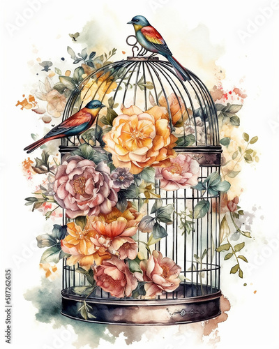 bird in cage with flowers