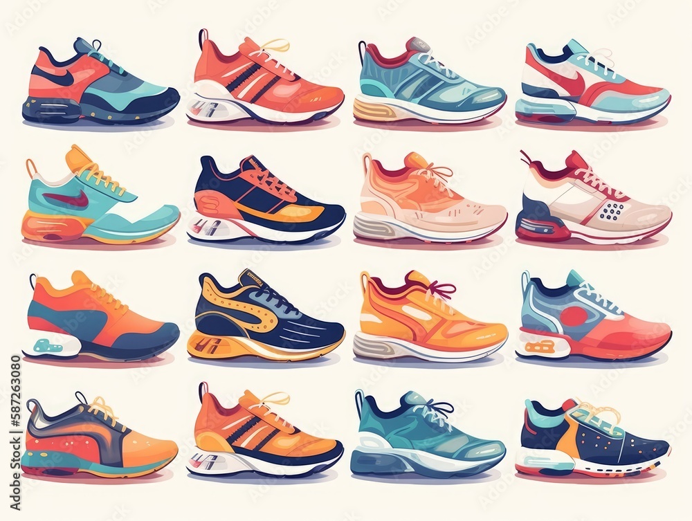 A set of colorful and stylish sneakers on a white background
