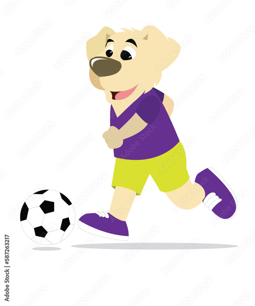 Dog playing football Cartoon illustration. Funny and cute Puppy and soccer ball coloring page for kids. Cartoon illustration Vector flat style Dog playing football Cartoon illustration. Funny and cute Puppy and soccer ball coloring page for kids. Cartoon illustration Vector flat style