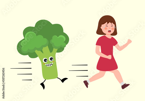 Little girl runaway from broccoli in flat design. Child refusing vegetable. 