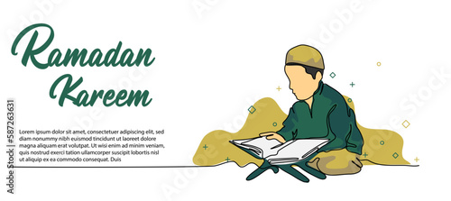 Ramadan Kareem Web Banner. Design concept child is reading Al-Quran doodles. Vector illustration in modern flat style in continuous line style.